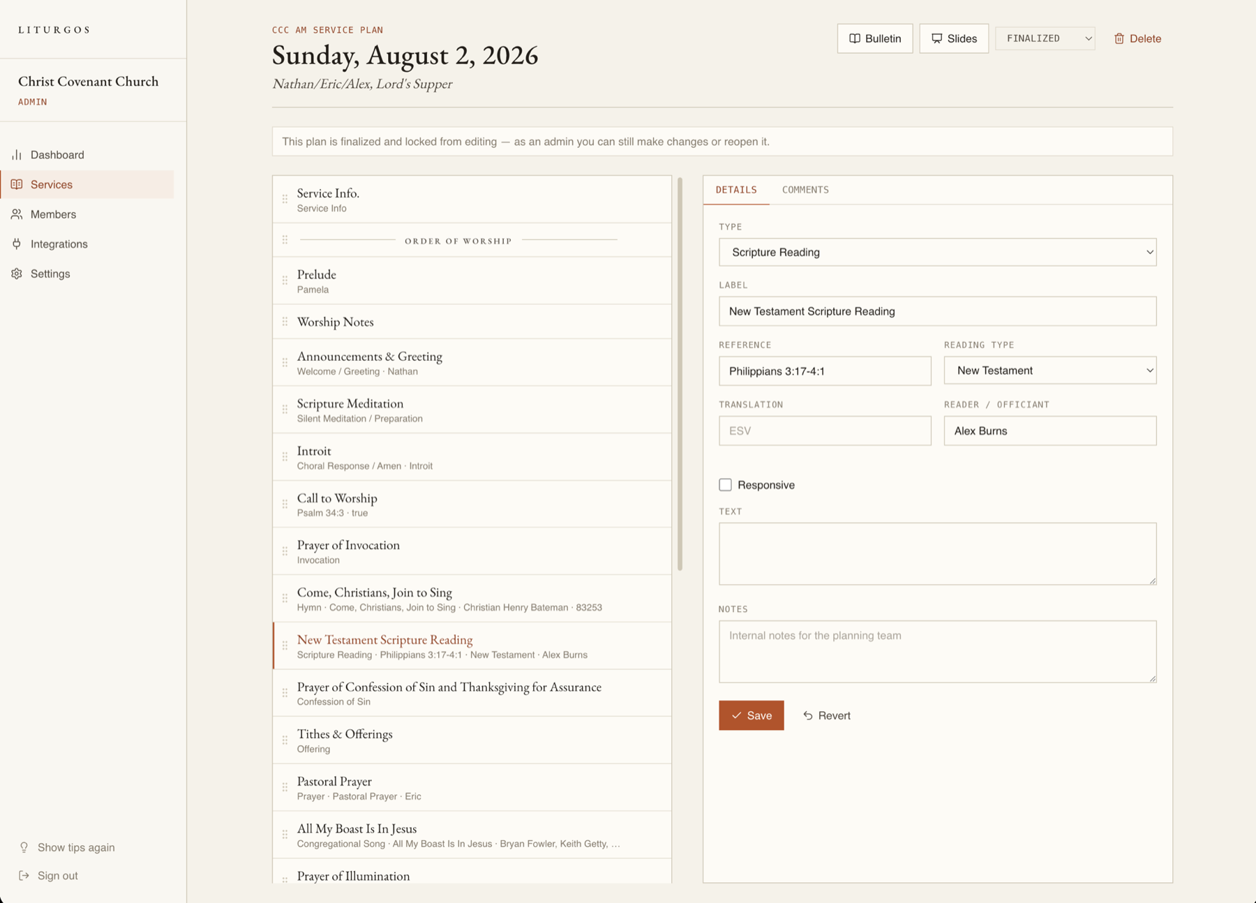 An order of worship in Liturgos, with hymns and Scripture readings arranged in the service.