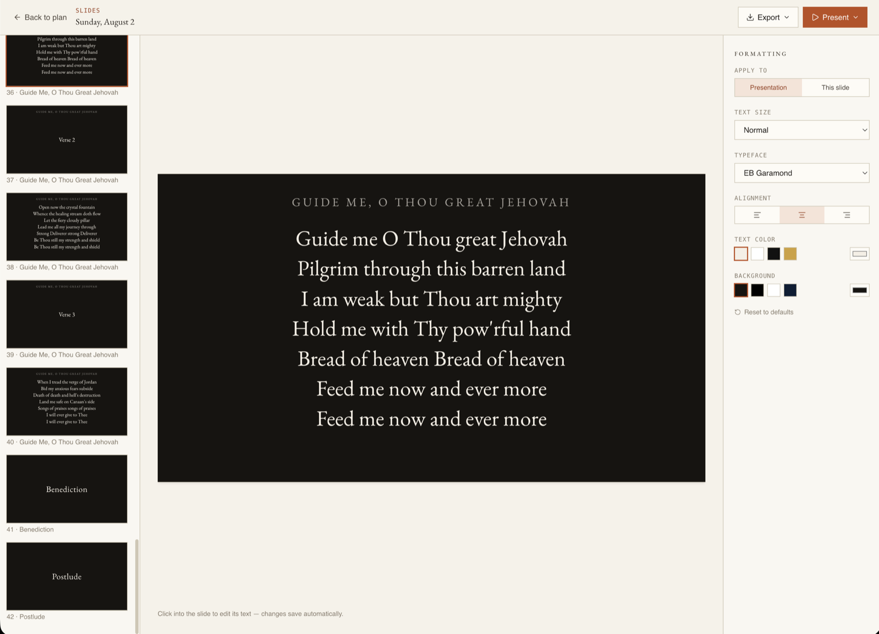 A hymn slide prepared in Liturgos, displaying Guide Me, O Thou Great Jehovah.